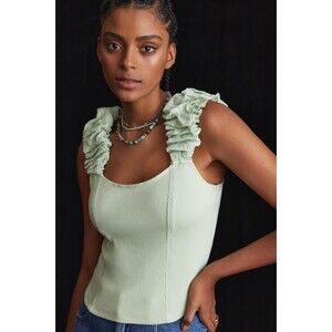 Anthropologie Ribbed Corset Sz SP Petite Maximalist Mint Green Ruffle Tank Top